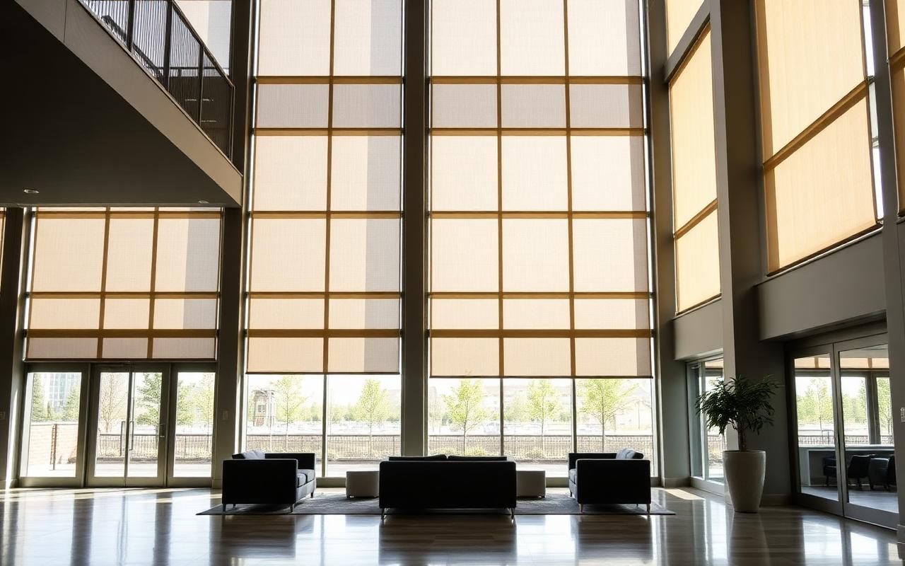 Common area lobby with full-height solar shades filtering daylight