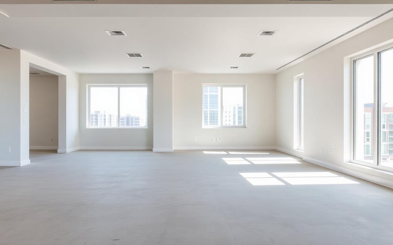 Empty pre-occupancy apartment unit ready for window treatment install